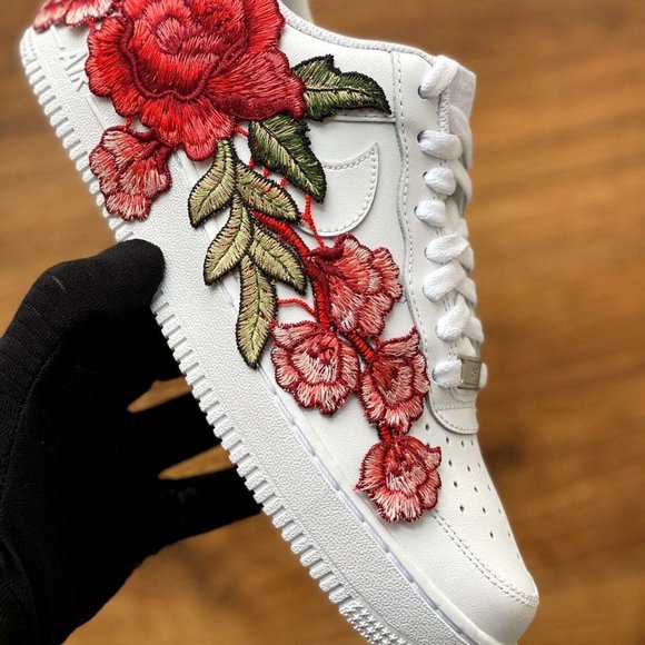 Nike Air Force 1 White Shoes Custom Rose Red Long ? Embroidered Floral Sneakers main image 4